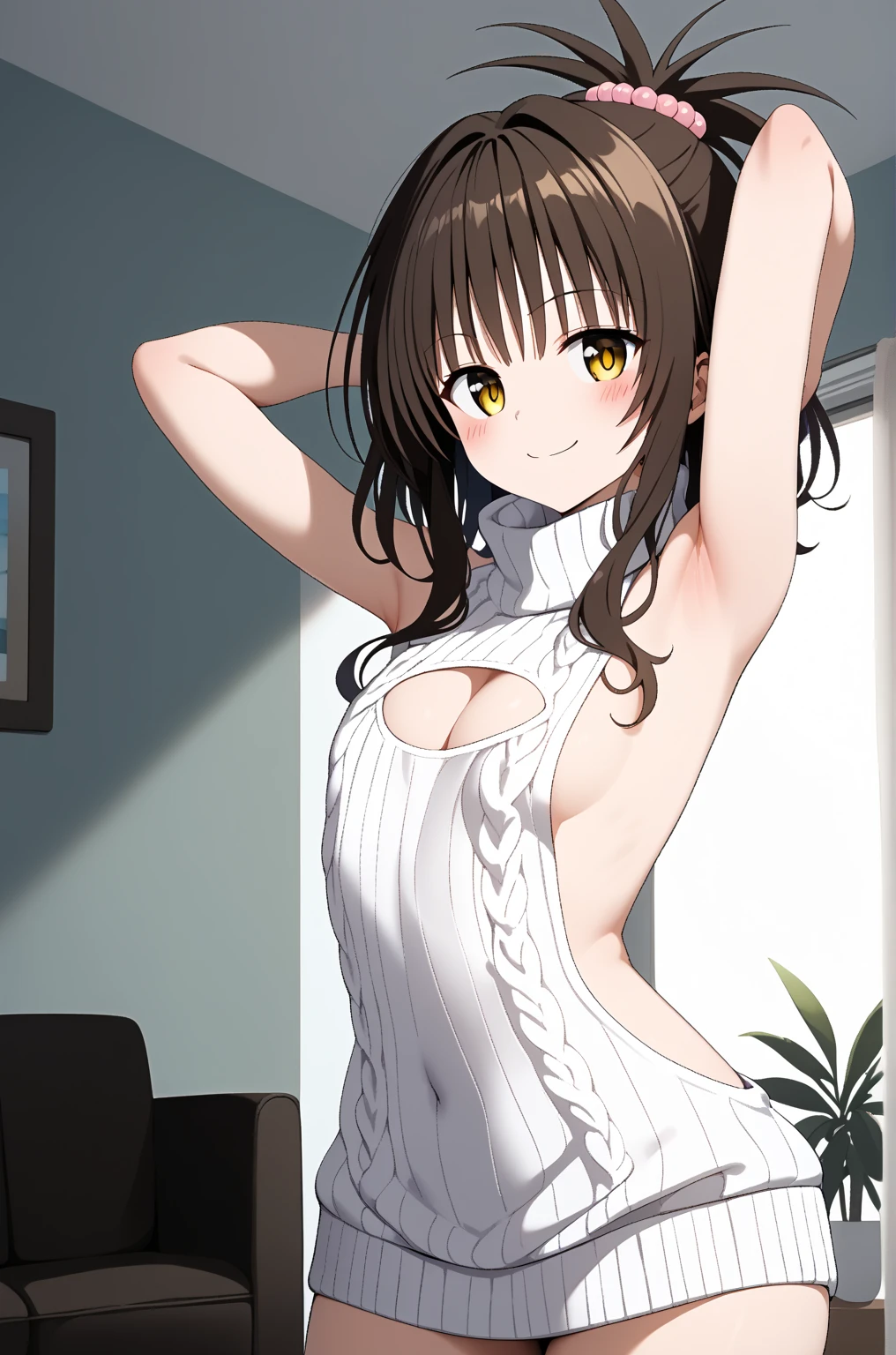 masterpiece,best quality,{{detailed beautiful face and eyes}}, 
Yuki Mikan,{{{megami magazine}}},middle hair,brown hair,hair ornament,hair bobbles,sidelocks,bangs,yellow eyes,flat chest,
((virgin killer sweater, (sweater dress:1.2), ribbed sweater,sideboob,cleavage cutout, turtleneck sweater,(white sweater:1.3),(crop top navel,:0.7) )),
1girl,(is smirk,blush:1.0),
((looking back,cowboy shot,looking at viewer,arms behind head:1.2)),
(living room background:1.0),clothed