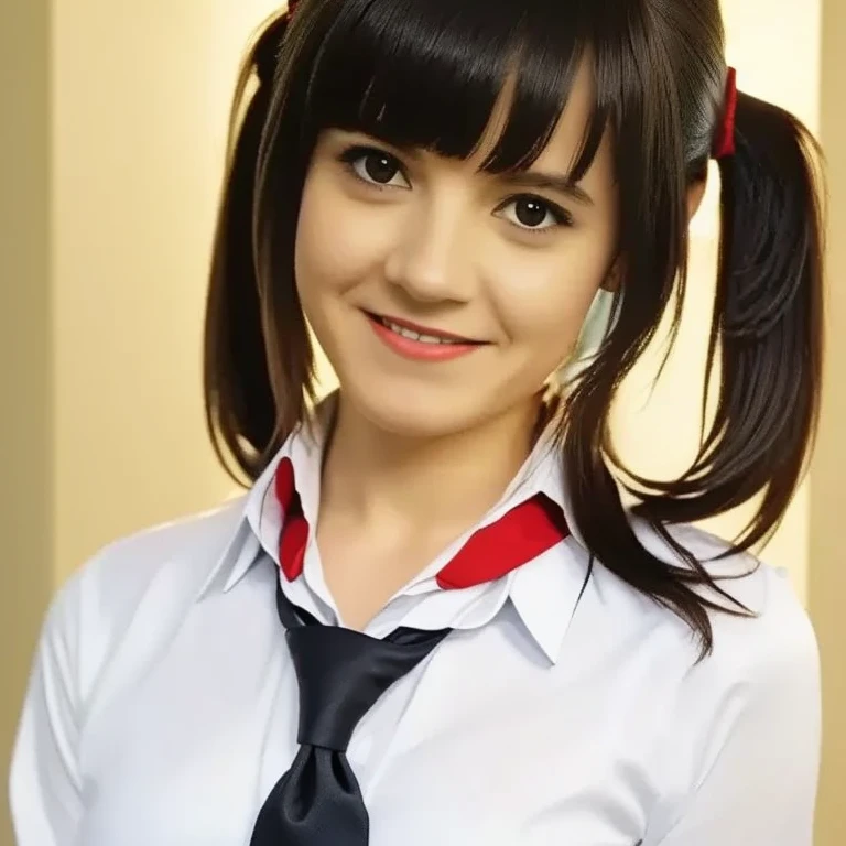 Animated girl from the anime boku no hero academia with black hair with red tips black eye with red center with white stars and with a smiling expression on her face in the ua uniform walking through the ua hallway
