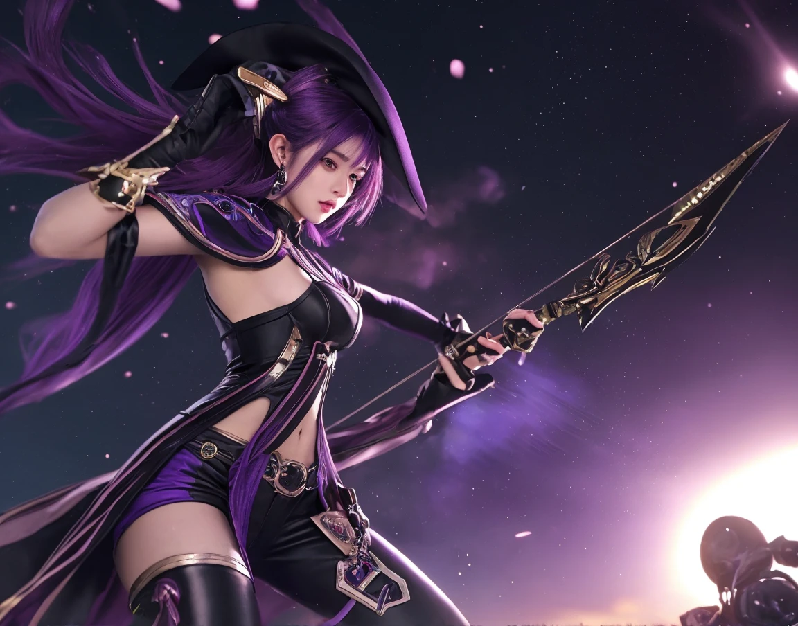 A woman dressed in black, league of legends splashart,Official Splash Art, extremely higly detailed，iconic character splash art，komono, Hanfu，Taoist uniform，Off-the-shoulder attire，shift dresses，Lolita prostitute，Motion blur, Depth of field means reflection，extreme light，fog atmosphere，The moonlight shone on the side of the girl's face，realisticlying，no-bra，vacuum，Extra-long sleeves，Long off-the-shoulder dress，cleavage，Full length of colorful hair（1.9），Color gradient for long hair，Messy hair，Barefoot，Full body like，realskin，realcumAI，Snow-white skin，Snow-white thighs，Top image quality，Extreme light and shadow，White panty hose，High details，Standing painting，lines of movement，dynamicposes，komono，PC Wallpapers，Two-thirds of the canvas generates the body，Move the chart Green Forest, It is surrounded by tall trees and a gentle mist.