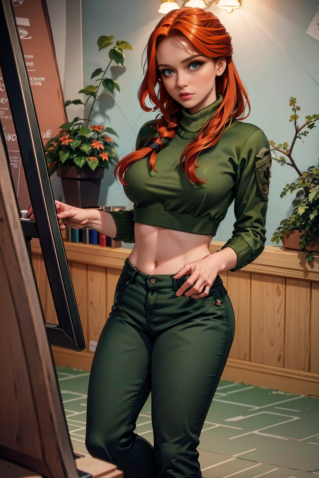  redhead, long hair, beautiful green eyes, sexy , warm sweater, , camouflage pants, army boots, , Cozy autumn atmosphere, , the forest, autumn , Girl in sweater, , camo trousers, army boots, dynamic pose, Masterpiece, Accurate, Anatomically Correct, Best Quality, Large breasts, thin waist, big hips, round butt, Multiple Views, 1girl, full length sweater,