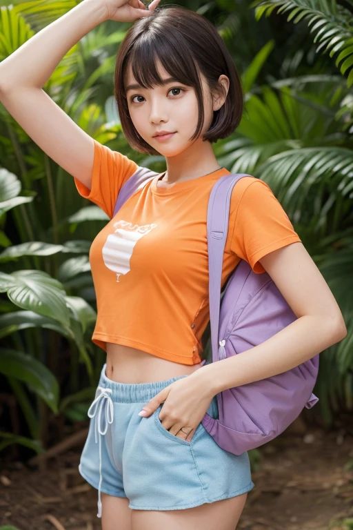 RAW photo, (closeup:1.2), portrait photo of japanese girl, rose pink & sky blue pokemon trainer outfit, pokemon gym, action pose, natural skin, 8k uhd, high quality, film grain, Fujifilm XT3