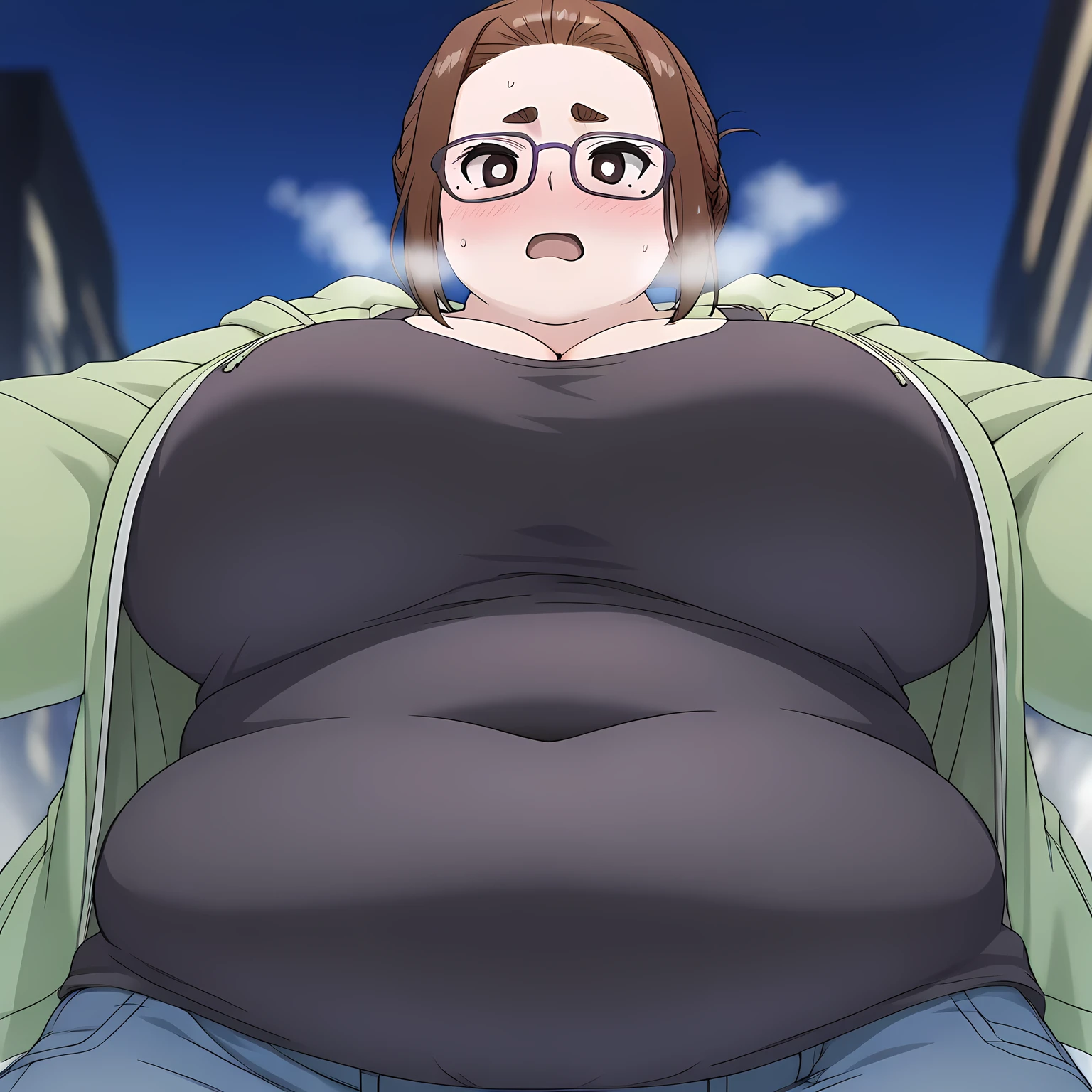 highres, hi res, best quality, masterpiece, 2d, intricate details, 4k, anime coloring, shadow, uncensored,
1girl, solo, female, eyelashes, brown hair, brown eyes, hair bun, mole, mole under eye, frown, single hair bun, thick eyebrows, bright pupils, forehead, white pupils, short eyebrows, ogawa sumireko, kaii to otome to kamikakushi,
glasses, purple-framed eyewear,
cleavage, breasts, huge breasts, collarbone, jacket, open clothes, hood, tank top, camisole, black tank top, green hoodie, jeans, denim,
cowboy shot, facing viewer, looking at viewer, facing viewer, front viewer,
depth of field, outdoors, steam, steaming body, snowstorm, sky, night, night sky, snow, snowing, snowflakes, city, city lights, cityscape, tokyo \(city\),  bulging belly, fat, chubby, obese, open mouth, out of breath, absurdres, highres icon, rating:General, confused, blush, {flustered}, nervous sweating, portrait, pov hands, hand on another's belly, averting eyes, [looking away], straight-on, from below, swollen face, masterpiece, best quality, ultra-detailed, high resolution, 8K, 