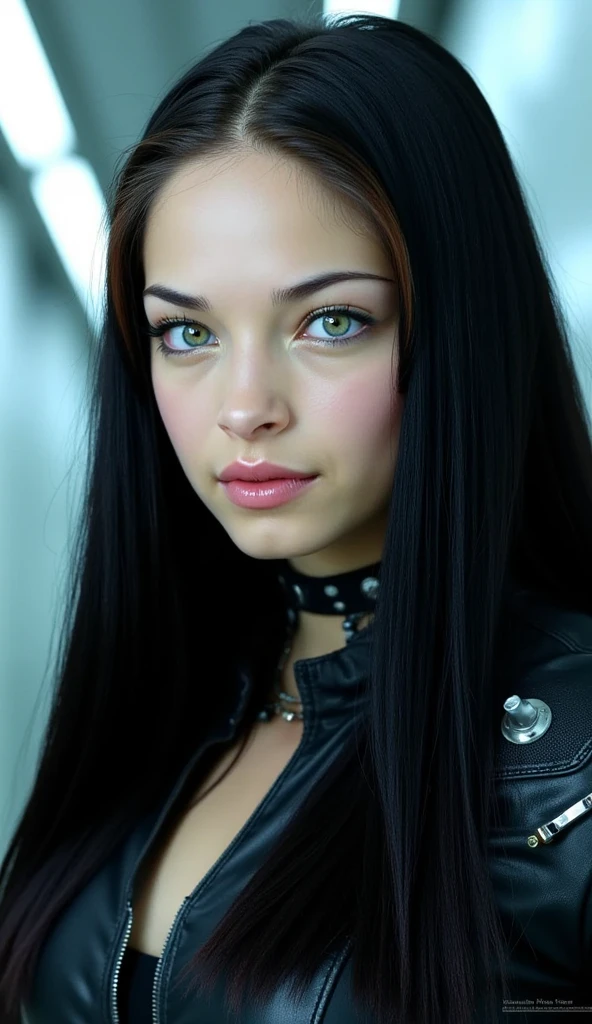 create a futuristic woman with long loose black hair, vibrant blue eyes, thick lips, very beautiful, with a serious face, and with robotic parts