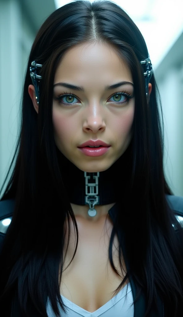 create a futuristic woman with long loose black hair, vibrant blue eyes, thick lips, very beautiful, with a serious face, and with robotic parts