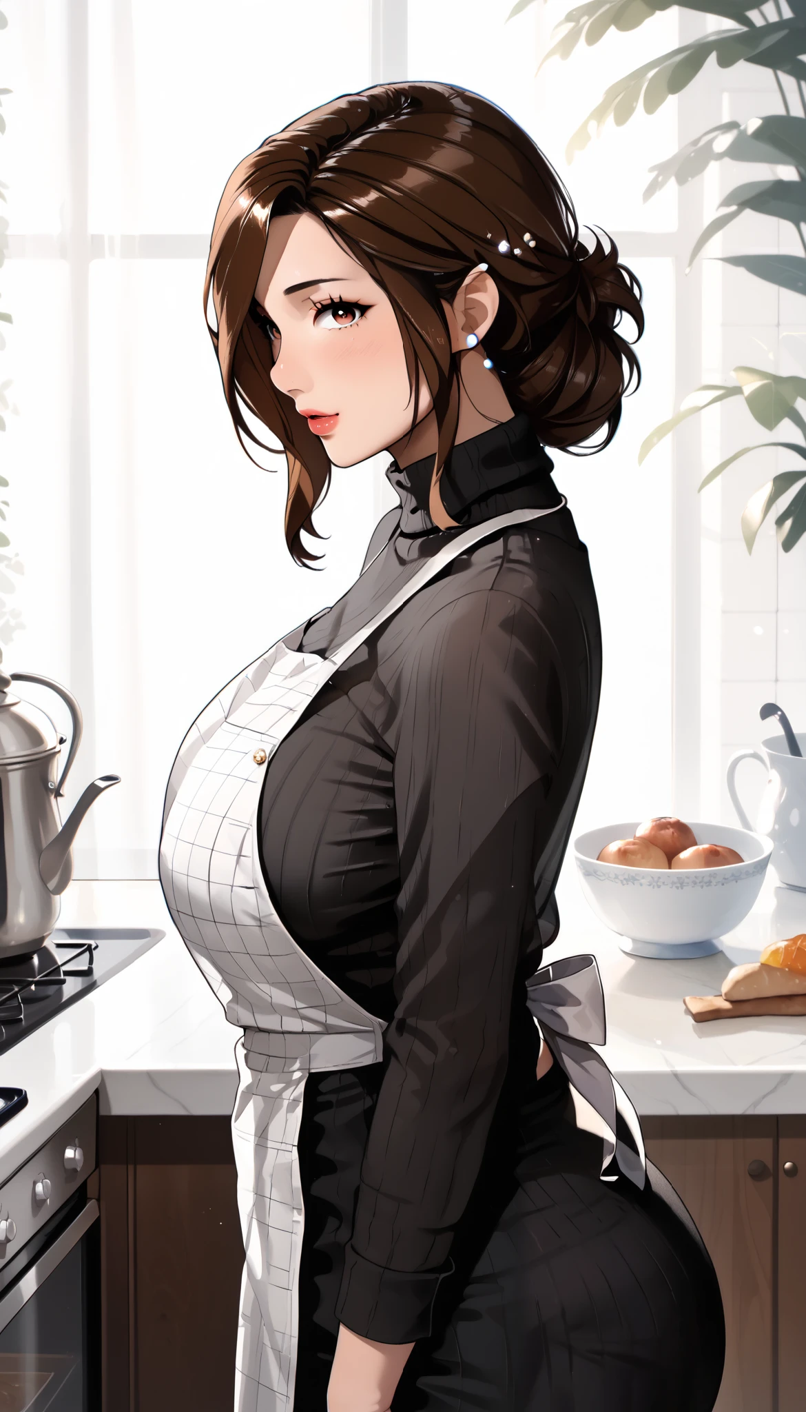 (masterpiece, best_quality:1.2), 1girl, solo, mature female, brown hair, medium hair, (half updo), (black turtleneck sweater dress, apron, skirt), beautiful eyes, female focus, looking at viewer, large breast, wide hips, from above, ((side view)) ((close up shot)) ((solo)) detailed, very high resolution, no blurry image, standing, beautiful, elegant, serene expression, intricate details, detailed background, kitchen:1.3