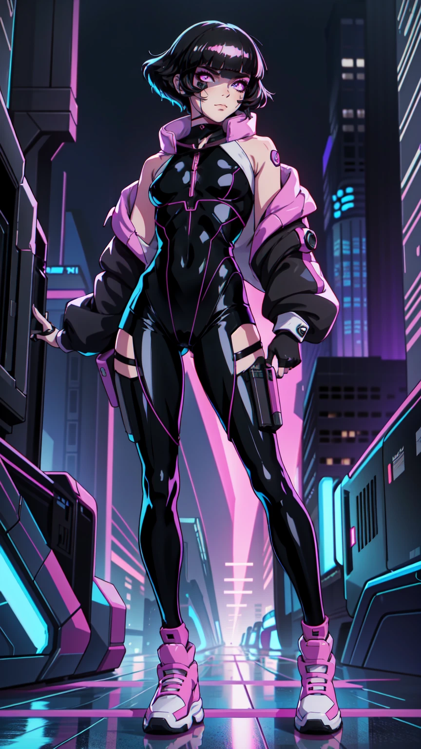 Create an illustration of Sasha from Cyberpunk: Edgerunners. She is a young netrunner with a slender and agile physique, reflecting her hacker lifestyle. Her hair is short, (black hair), messy, and brightly colored, often with neon highlights like electric blue or vibrant pink. Her eyes have a sharp, tech-enhanced glow, hinting at cybernetic implants. Sasha wears a sleek, tactical bodysuit designed for mobility and stealth, primarily in shades of black and dark gray, accented with neon lines that pulse softly with her netrunning activity. She also sports a high-tech visor or goggles over her eyes, loaded with digital HUD displays. Her gloves are fingerless, exposing cybernetic fingertips perfect for interfacing with technology. Completing her look are combat boots and a utility belt filled with small hacking tools and gadgets. The overall vibe is a mix of futuristic hacker aesthetic and street-smart edge, blending style and functionality. Walking, with pink shoes