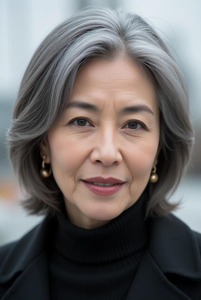 A Japanese woman, 48 years old, with streaks of white hair, exuding the grace and beauty of upper-class sophistication and mature charm (mature allure: 1.6). She has a serene and refined smile with fine laugh lines (fine wrinkles: 1.4), a natural age-appropriate elegance, and a confident demeanor. Her wavy gray hair (wavy gray hair: 1.4) frames a face marked by soft, natural wrinkles and translucent skin (1.3). The portrait is sharp, high-resolution, and ultra-detailed (1.5), highlighting her glamorous presence. She wears slightly dramatic eye makeup (1.5), dark lipstick (1.4), glittery eyeshadow (1.3), and voluminous mascara (1.3). The setting is a winter harbor, where she awaits her husband with an expression of quiet determination. Designed as a movie poster, this close-up focuses on her emotional intensity and timeless beauty.