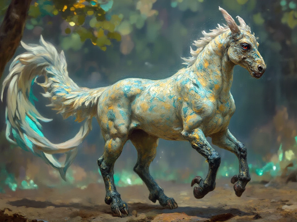 a photorealistic, cinematic image of a fantastical creature in a galloping pose, covered in flat, white feathers that shimmer with iridescent hues of blue and green. This majestic being has a long, flowing tail reminiscent of a pheasant's plumage, showcasing vibrant patterns of gold and emerald that catch the light as it moves. Its head resembles that of a dragon, featuring sharp, angular features, deep crimson eyes, and intricate, jewel-like scales that glisten in the sunlight. The creature's four legs are claw-like, ending in sharp, obsidian talons that kick up dust and foliage as it gallops through the scene. The background should depict a lush, ethereal landscape with vibrant, bioluminescent flora and softly glowing crystals, creating a mystical atmosphere that enhances the otherworldly nature of this unique being. Include dramatic lighting to emphasize the creature's majestic presence and add depth to the scene, capturing the dynamic motion of its gallop.