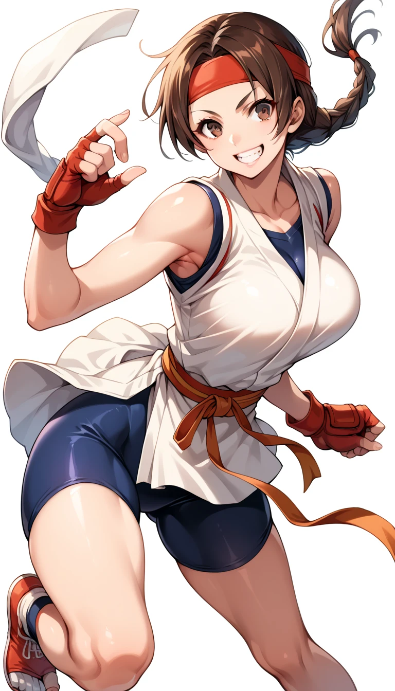 score_9, score_8_ up, score_7_ up, break, score_9, Yasakazaki ,  happy , teeth, smile, Brown Hair,  brown eyes, Big Breasts ,  single blade , Uniform,  spandex ,  headband , fingerless gloves, Front View, teeth, from behind, Martial arts attitude