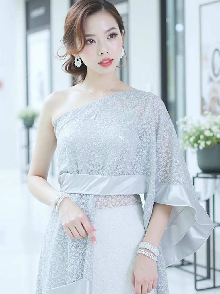 (masterpiece:1.3), (8K, Realistic, Raw photo, Highest quality:1.4), (One girl), Beautiful Face, Realistic Face, (Detailed face), Beautiful hairstyle, (Detailed Hair), Realistic eyes, (Fine grain), Beautiful details, Realistic Skin, (Detailed skin), Beautiful Skin, Charm, Ultra-high resolution, Surreal, Very detailed, (Medium chest:0.5), The Beauty of Japan, (Slim figure), (Arafat a woman in a long dress walking down the runway, Long, flowing, intricate dress, dress in voile, Fantasy long intricate gown, Glamorous flowing robes, Boho - Chic, Modest loose-fitting gown, Roomy robes, Inspired by Maria Fortuny, Bohemianシック, Bohemian, 2020 Fashion, Flowing, shimmering fabric, Beautiful, flowing fabric, Feathered Robe), Cute young Japanese girl, Cute young Japanese girl, (Gray gradient background)
