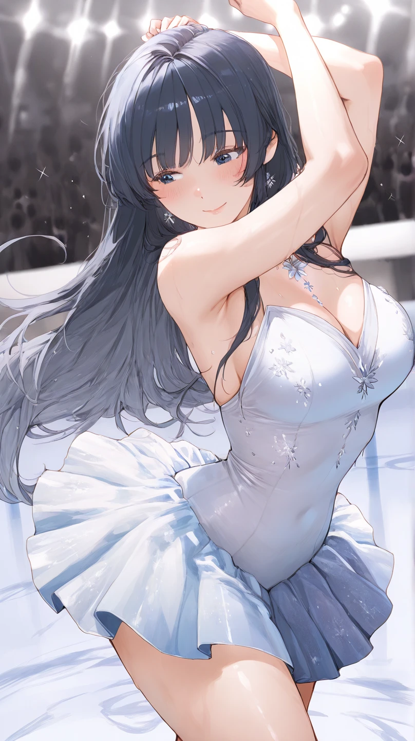 sagisawa fumika, 1girl in, Solo, Watch, Watching Now, Blue eyes, , gloves, tiarra, Dress, Long hair, cleavagng at Viewer, White Gloves, Bare shoulders, Open mouth, Large breasts, Straploker, blush, White Dress, Black hair, Brown hair, hair between eye, straplessdress, 鎖骨, Smile, Bangs, On stage,
