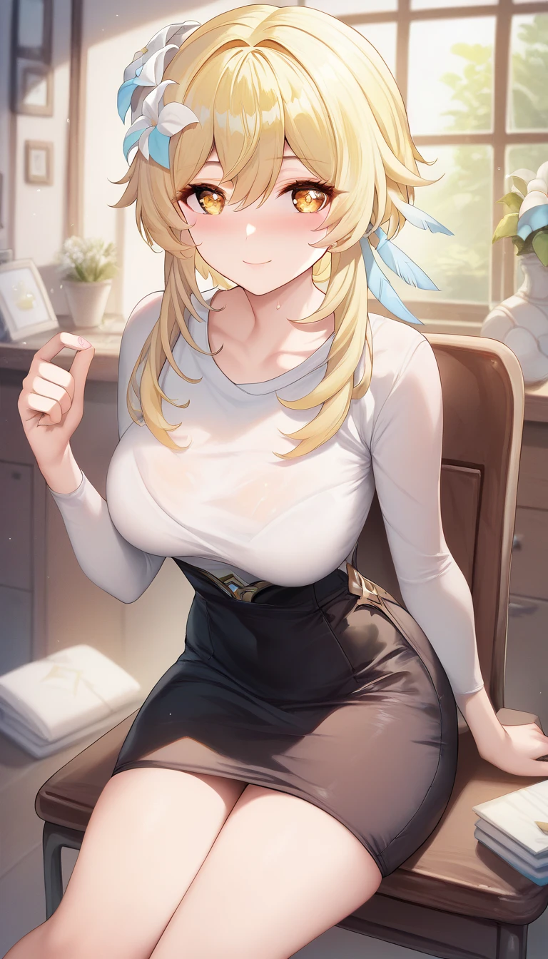 ultra-detailed,(best quality),((masterpiece)),(highres),original,extremely, 1girl, lumine (genshin impact), yellow eyes, yellow hair, large breasts, looking at viewer, happy,smile, closed mouth, blush, in heat, younger lady, blush, in heat, looking at viewer, long hair,white shirt, black skirt ,female room, sitting on the chair,