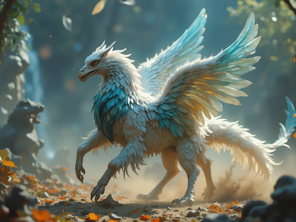 a photorealistic, cinematic image of a fantastical creature in a galloping pose, covered in flat, white feathers that shimmer with iridescent hues of blue and green. This majestic being has a long, flowing tail reminiscent of a pheasant's plumage, showcasing vibrant patterns of gold and emerald that catch the light as it moves. Its head resembles that of a dragon, featuring sharp, angular features, deep crimson eyes, and intricate, jewel-like scales that glisten in the sunlight. The creature's four legs are claw-like, ending in sharp, obsidian talons that kick up dust and foliage as it gallops through the scene. The background should depict a lush, ethereal landscape with vibrant, bioluminescent flora and softly glowing crystals, creating a mystical atmosphere that enhances the otherworldly nature of this unique being. Include dramatic lighting to emphasize the creature's majestic presence and add depth to the scene, capturing the dynamic motion of its gallop.