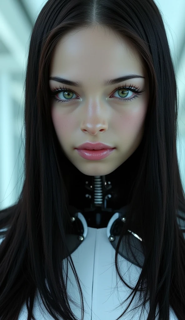 create a futuristic woman with long loose black hair, vibrant blue eyes, thick lips, very beautiful, with a serious face, and with robotic parts