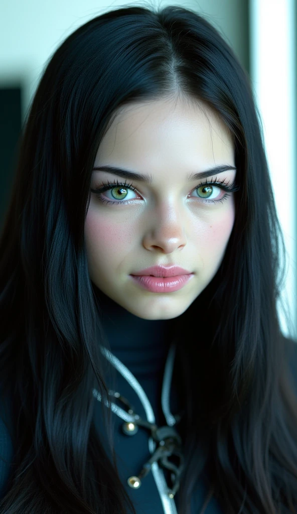 create a futuristic woman with long loose black hair, vibrant blue eyes, thick lips, very beautiful, with a serious face, and with robotic parts