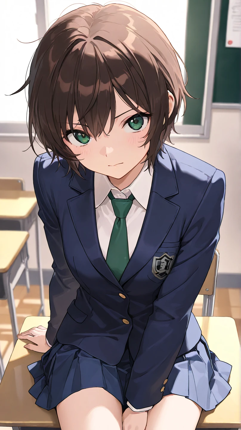  High Quality , 最 High Quality , masterpiece,  high res, detailed face , anatomically correct , 
Brown Hair,  green eyes,  short hair,  jacket,  skirt,  shirt,  Long Sleeve ,  school uniform,  jacket, white  shirt, pleated  skirt,  ties, collared  shirt, mini skirt, blue  skirt,  blazer, blue  jacket, green  ties, 
classroom, One girl , solo,  sit on a desk 