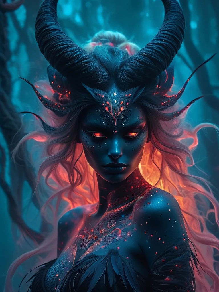 from the depths of space , A powerful demon has appeared, Her face is scary and elegant . The intensity of her expression matches her pale skin and dark shadows , Using a sharp , , slender fangs . (Extra long, extremely detailed) Her body is covered with snakes Identical eyes , Her long hair hangs down , Ripples . Her eyes are flashing red, Her claws are sharp and ruthless . The dark scent envelops her , creates an ominous atmosphere . this devilish The entity stands in a cosmic background full of stars and galaxies , A skyscape full of mystical energy and ethereal light . She exudes an otherworldly beauty that is both cursed and enchanting , Her tongue and scales wind in nature . Her sparkling black wings are adorned with intricate patterns and metallic black feathers. The jagged mountains outline her , A charming glowing forest and distorted trees surround her . Phosphorescent animals and plants , , a bloody red moon , The broken dimension and portal , The crackling electric current and sparks of energy all contribute to this unforgettable and deceptive beauty . Women have manipulative and supernatural powers , Her charms are both mysterious and alluring , Powerful and wild. She is awe-inspiring, blending gothic and surrealist art styles . Clear color contrast , The black and red tones depict the entire scene . dramatic lighting and dark shadows play out in this picture of light and darkness .