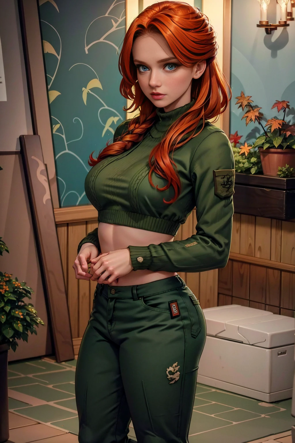  redhead, long hair, beautiful green eyes, sexy , (warm cream colored sweater), camouflage pants, army boots, , Cozy autumn atmosphere, , the forest, autumn , Girl in sweater, , camo trousers, army boots, dynamic pose, Masterpiece, Accurate, Anatomically Correct, Best Quality, Large breasts, thin waist, big hips, round butt, Multiple Views, 1girl, 