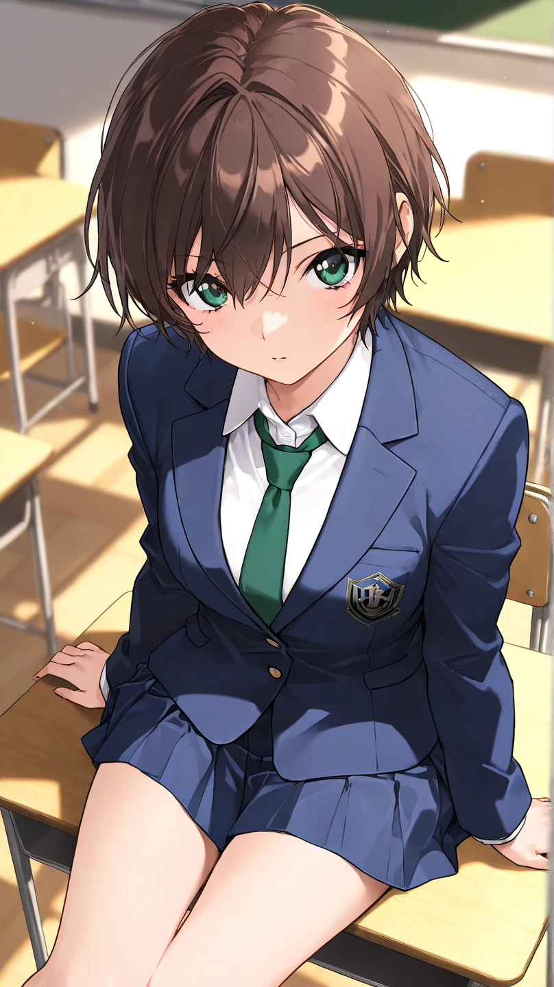  High Quality , 最 High Quality , masterpiece,  high res, detailed face , anatomically correct ,  Detailed hairstyles (Evening Masumi)
Brown Hair,  green eyes,  short hair,  jacket,  skirt,  shirt,  Long Sleeve ,  school uniform,  jacket, white  shirt, pleated  skirt,  ties, collared  shirt, mini skirt, blue  skirt,  blazer, blue  jacket, green  ties, 
classroom, One girl , solo,  sit on a desk 