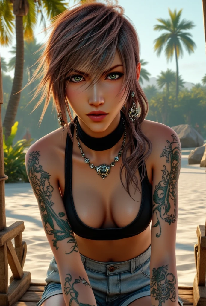 A young woman, light brown skin, is seated, mid-20s,  with a confident, direct expression.  Long, multicolored braids (various shades of brown, teal, and pink) frame her face.  She has noticeable tattoos covering her arms, legs, and upper chest, featuring intricate geometric designs and other patterns.  She is wearing a black sports bra and light gray/denim shorts.  Large hoop earrings, and a chain necklace are visible.   She appears to be sitting on a swing set positioned on a sandy beach. The background includes a beach scene with palm trees, and hints of water.  She is positioned in the center-left of the image, facing the camera. The composition emphasizes her close-up facial detail, and the detailed tattoos.  Warm, bright lighting, and vivid colors create a vibrant, dynamic mood.  The overall style is stylized digital art or illustration, with a focus on detail.