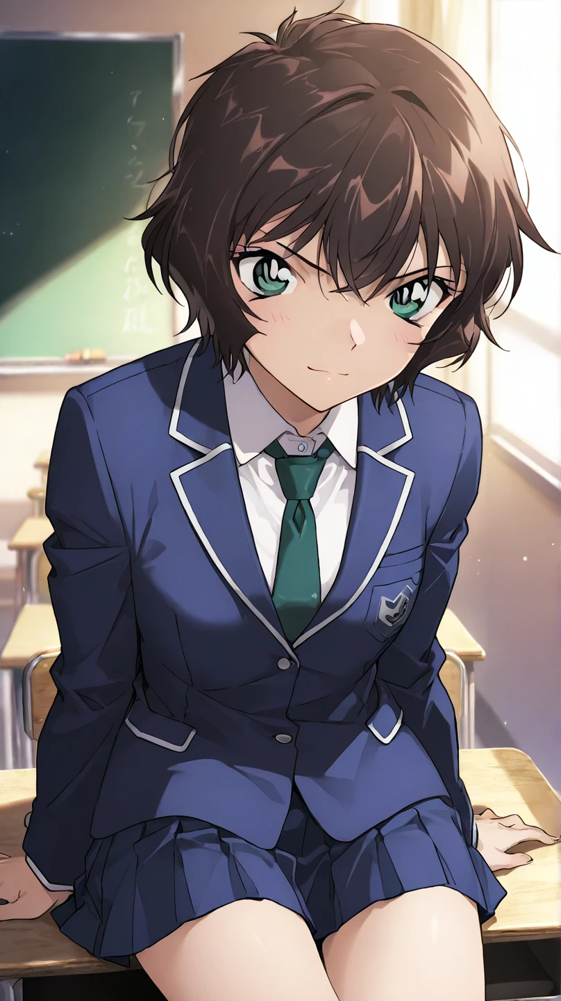  High Quality , 最 High Quality , masterpiece,  high res, detailed face , anatomically correct ,  Detailed hairstyles (pony:Evening Masumi)
Brown Hair,  green eyes,  short hair,  jacket,  skirt,  shirt,  Long Sleeve ,  school uniform,  jacket, white  shirt, pleated  skirt,  ties, collared  shirt, mini skirt, blue  skirt,  blazer, blue  jacket, green  ties, 
classroom, One girl , solo,  sit on a desk 