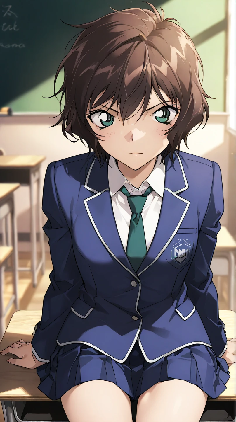  High Quality , 最 High Quality , masterpiece,  high res, detailed face , anatomically correct ,  Detailed hairstyles (pony:Evening Masumi)
Brown Hair,  green eyes,  short hair,  jacket,  skirt,  shirt,  Long Sleeve ,  school uniform,  jacket, white  shirt, pleated  skirt,  ties, collared  shirt, mini skirt, blue  skirt,  blazer, blue  jacket, green  ties, 
classroom, One girl , solo,  sit on a desk 