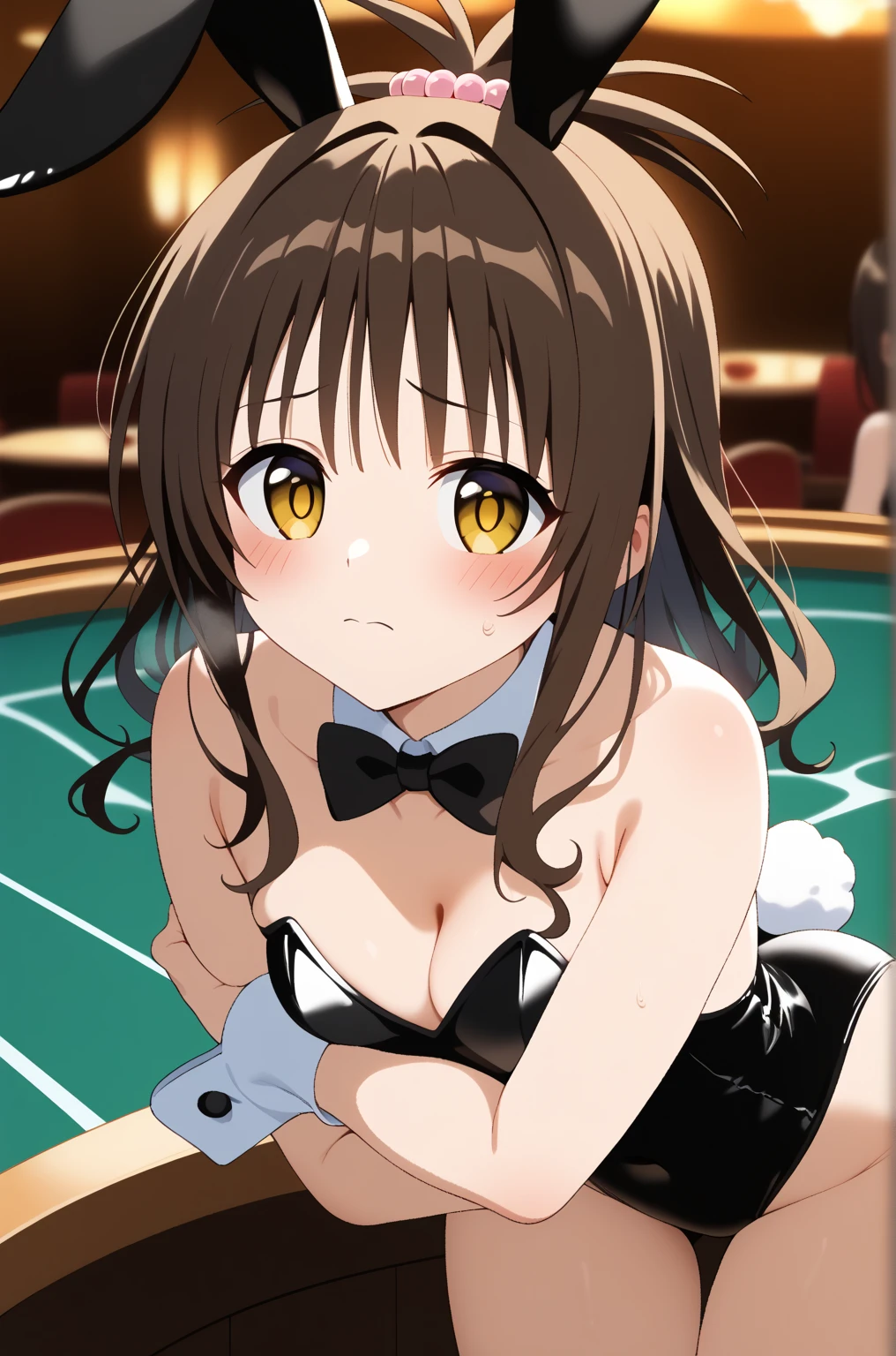 masterpiece,best quality,{{detailed beautiful face and eyes}}, 
Yuki Mikan,{{{megami magazine}}},middle hair,brown hair,hair ornament,hair bobbles,sidelocks,bangs,yellow eyes,flat chest,
((bunny girl,black rabbit ears,black leotard)),cleavage,
1girl,(is embarrassing,big blush,closed mouth,steam:1.0),
((leaning forward,breast hold:1.2)),
(casino:1.0),clothed