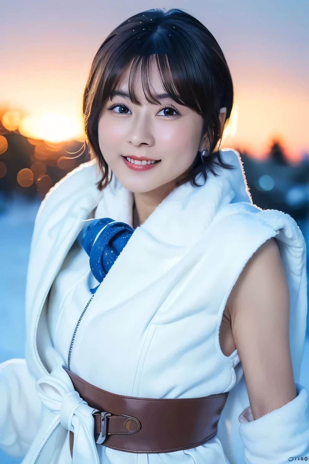 A young woman dressed in a classic Santa Claus outfit stands at a bustling street corner, her red and white coat and matching skirt perfectly tailored to her petite frame. Black boots crunch softly against a thin layer of fresh snow. On her back, she carries a large white sack brimming with presents, the fabric slightly bulging as if barely containing the festive treasures within. The warm glow of Christmas lights strung across storefronts reflects off the snow-covered ground, while the sky transitions from a fiery orange of sunset to a deepening twilight blue. Snowflakes drift lazily through the air, adding a touch of magic to the scene. Her radiant smile and sparkling eyes exude joy, creating a stark yet heartwarming contrast to the serene winter evening, embodying the spirit of the season. ( RAW photos , top quality ), ( realistic , photo- realistic :1.8), masterpiece, extremely delicate and beautiful, extremely detailed, 2k wallpaper, wonderful, Detailed description, extremely detailed CG unity 8k wallpaper, ULTRA DETAIL, high res, beautiful detailed girl looking back, extremely detailed eyes and face, beautiful detailed nose, beautiful detailed eyes,(sunlight, blue sky:1.8),Perfect Anatomy,( slender body:1.6),( smiles gently, FRIENDLY , warm:1.8),( viewers:2.0),( young japanese idol :1.8),( smooth short hair :1.8), ( brown eyes:1.8).
 