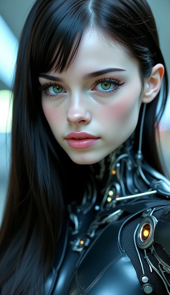 create a futuristic woman with long loose black hair, vibrant blue eyes, thick lips, very beautiful, with a serious face, and with robotic parts