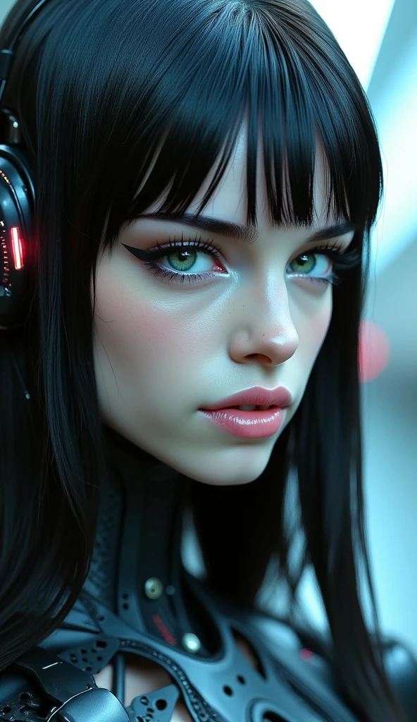 create a futuristic woman with long loose black hair, vibrant blue eyes, thick lips, very beautiful, with a serious face, and with robotic parts