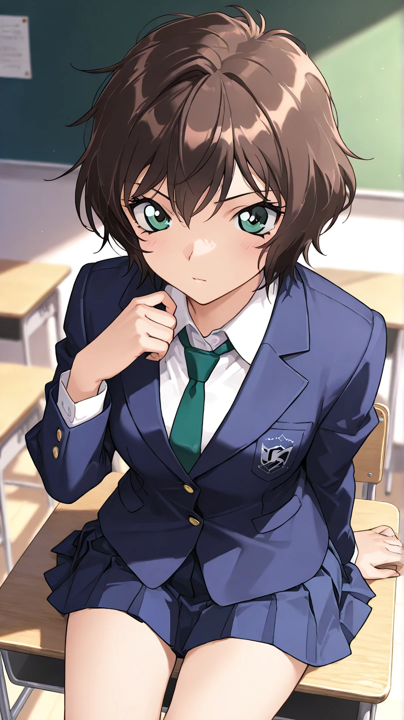  High Quality , 最 High Quality , masterpiece,  high res, detailed face , anatomically correct ,  Detailed hairstyles (pony:Evening Masumi)
Brown Hair,  green eyes,  short hair,  jacket,  skirt,  shirt,  Long Sleeve ,  school uniform,  jacket, white  shirt, pleated  skirt,  ties, collared  shirt, mini skirt, blue  skirt,  blazer, blue  jacket, green  ties, 
classroom, One girl , solo,  sit on a desk 