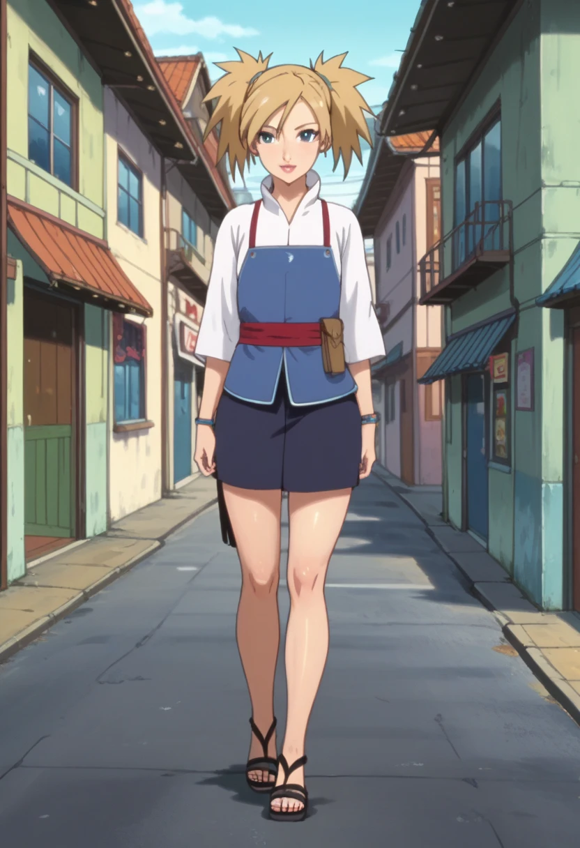 Official_art, anime screencap, perfect body, perfect Hips, beautiful legs, beautiful face, hdr, high Quality, masterpiece, source_anime, ratings_explicit, TemariNS, blonde quad tails, blue eyes, 1girl, female focus, anime screencap, miniskirt, sandals, sexy legs, tiny sk