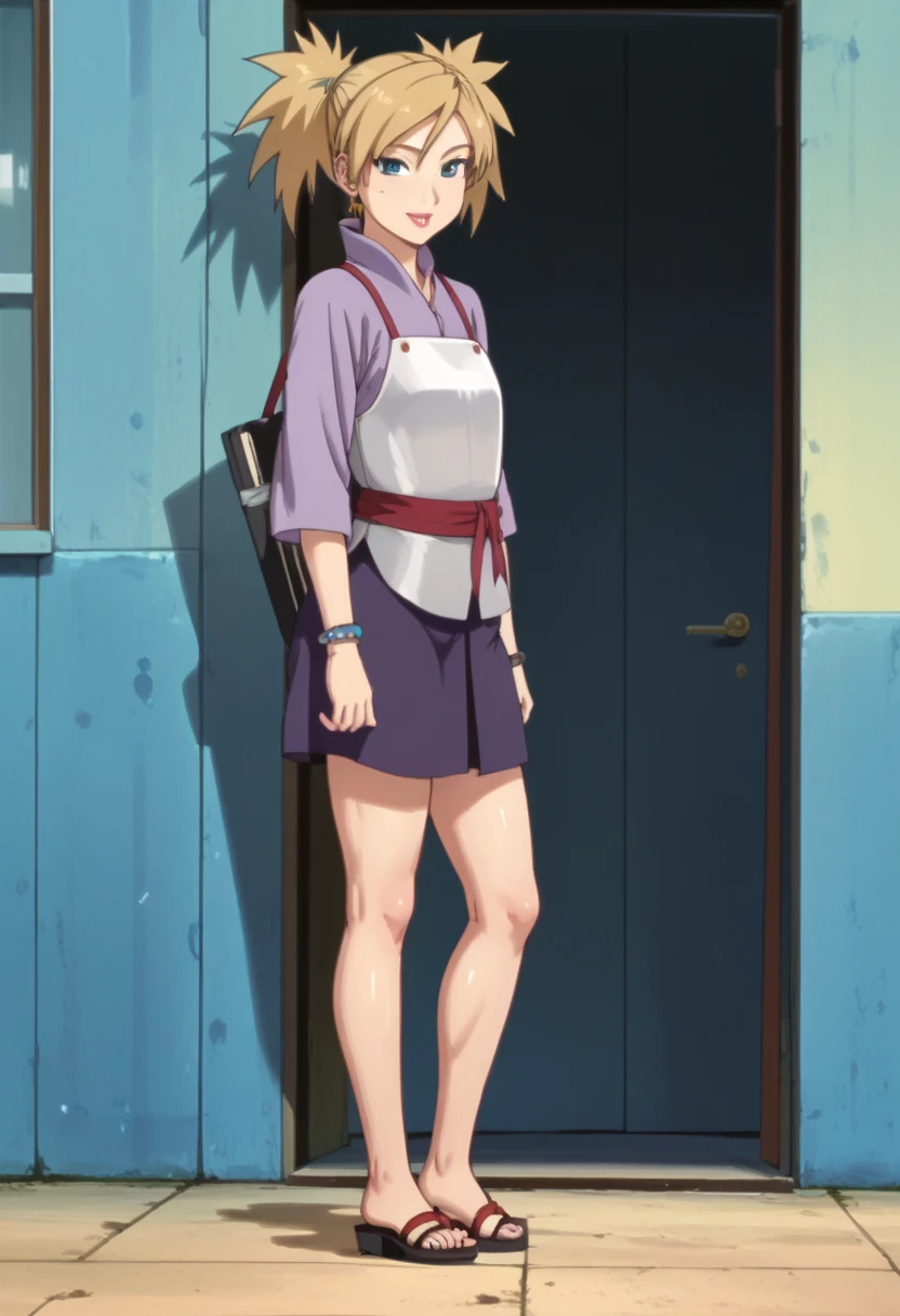 Official_art, anime screencap, perfect body, perfect Hips, beautiful legs, beautiful face, hdr, high Quality, masterpiece, source_anime, ratings_explicit, TemariNS, blonde quad tails, blue eyes, 1girl, female focus, anime screencap, miniskirt, sandals, sexy legs, tiny sk