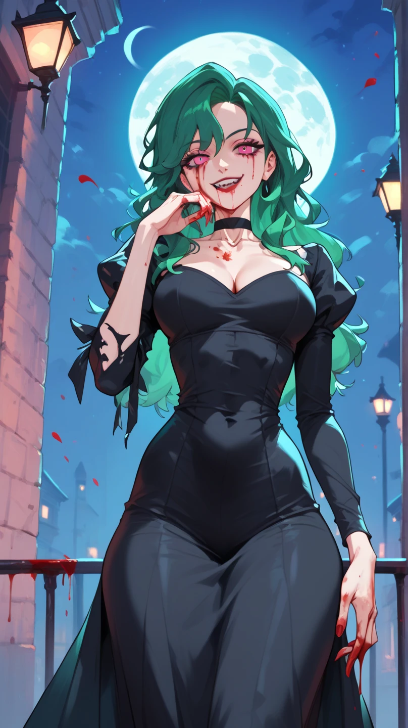 woman with long hair, wavy dark teal green hair, pink eyes, mafia boss, black dress, bloody moon, night dim alley mansion, chiling smiling, fliping her hair, bloody