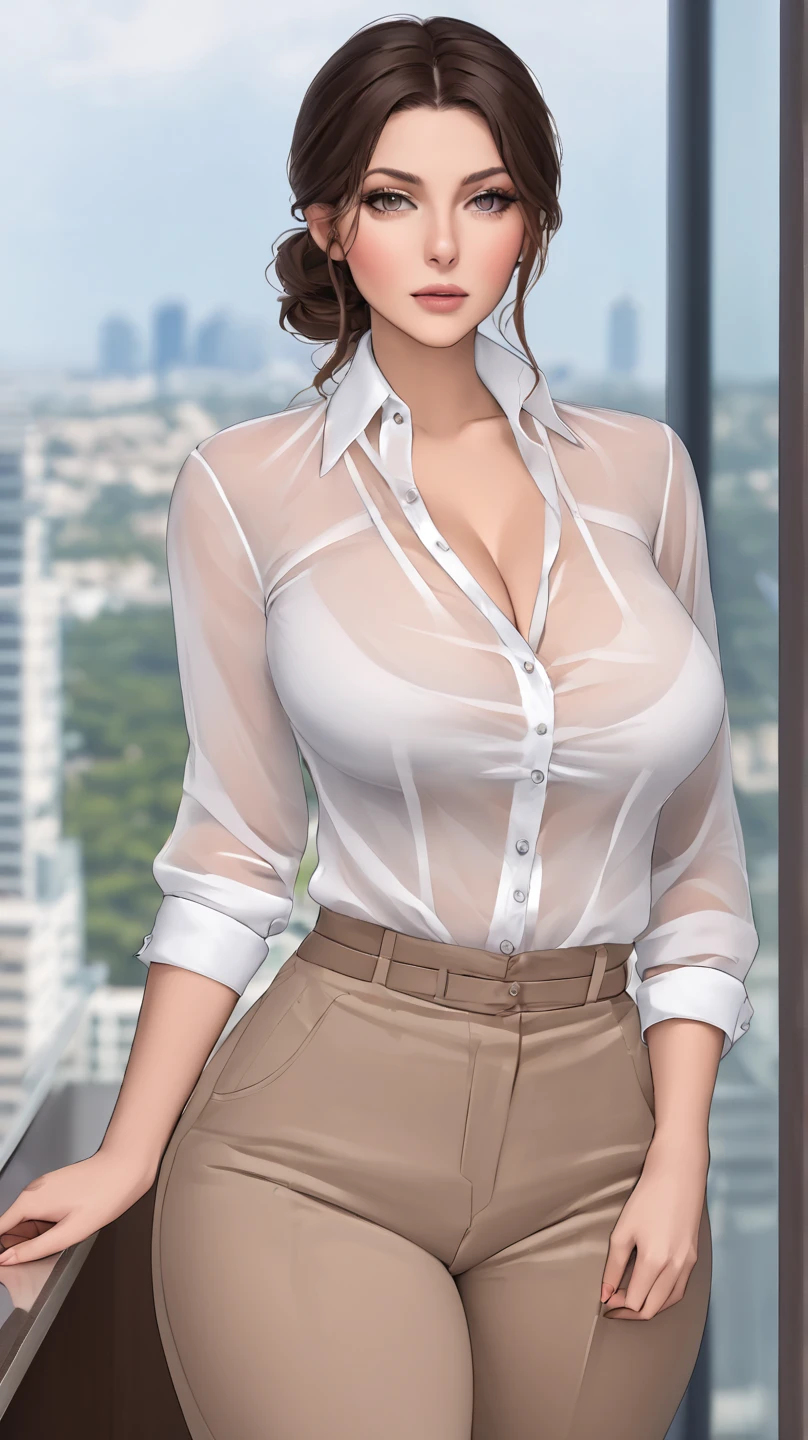 , white buttoned up blouse, buttoned up blouse, pants, all buttons fastened on blouse, buttons on blouse fastened up to collar, no cleavage, all buttons fastened on blouse, see through blouse. See through buttoned up blouse, large breasts 