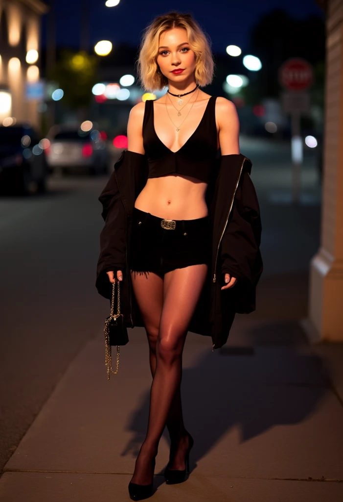 Emma Myers, blond hair , Sexy short top ,  showing the stomach, sexy very short mini skirt,  stockings,  high heels, small bag , street at night, selfie 