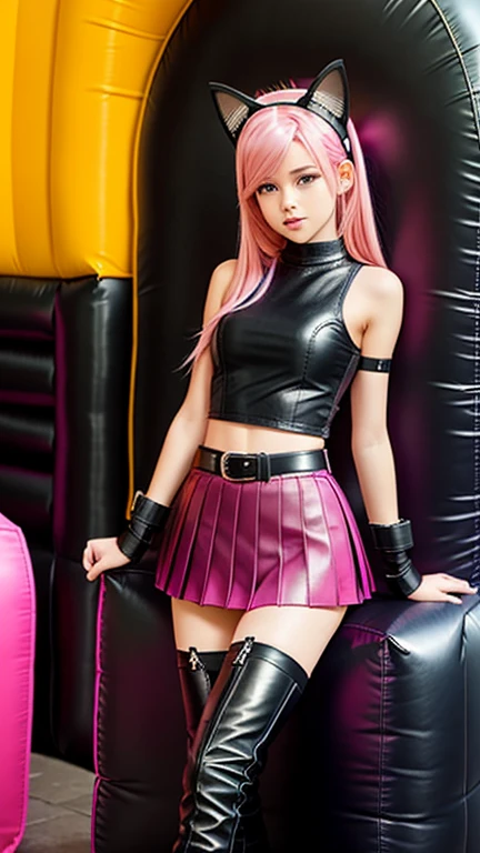  teenager with pink hair,  slim model , Leather top , pleated leather skirt, leather arm warmer  ,  knee-high leather boots, Cat ears, bouncy castle 