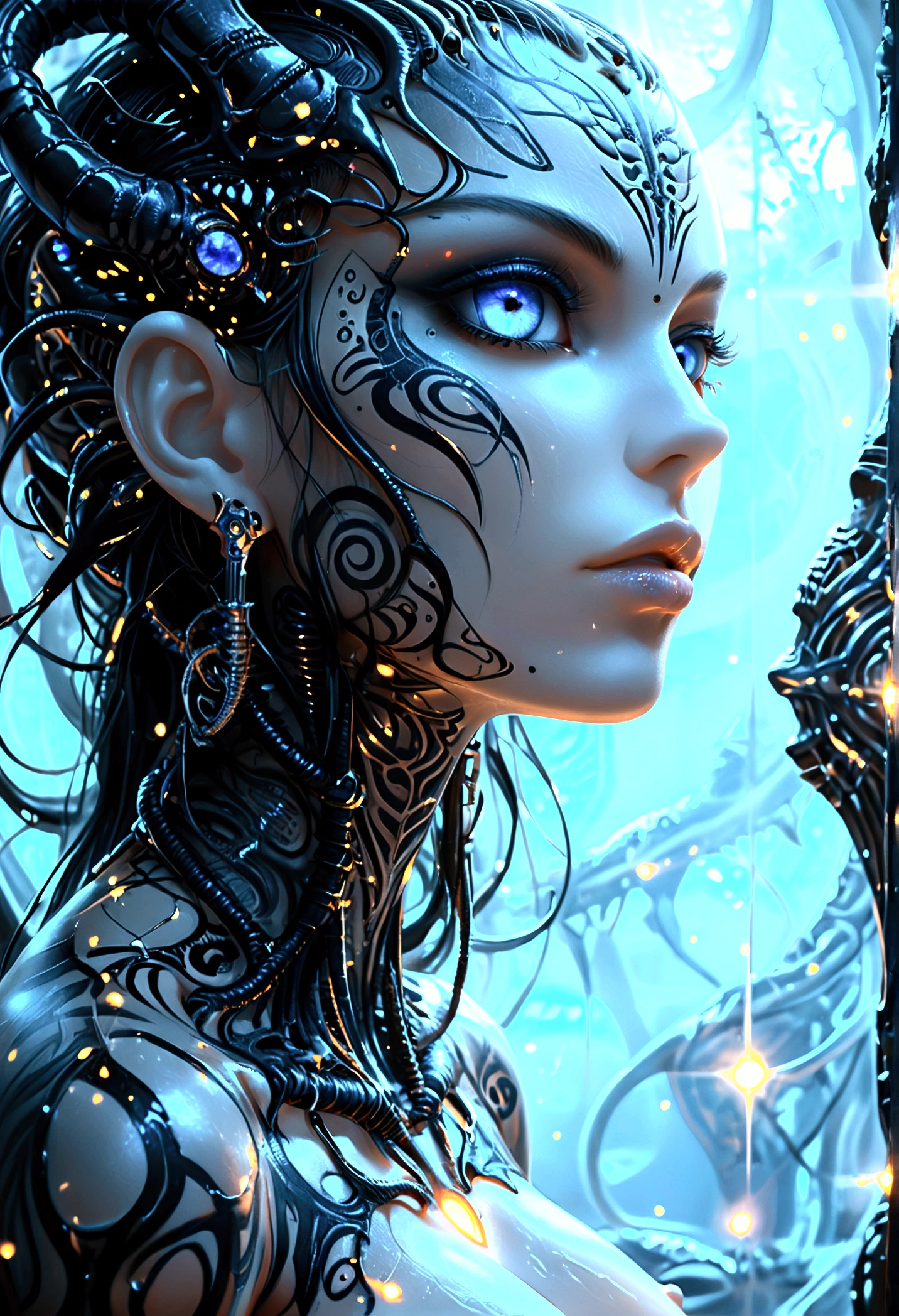 Hr giger tattooed sexy seductive dead girl, perfect face, hyper detailed neon sapphire eyes, full body view,