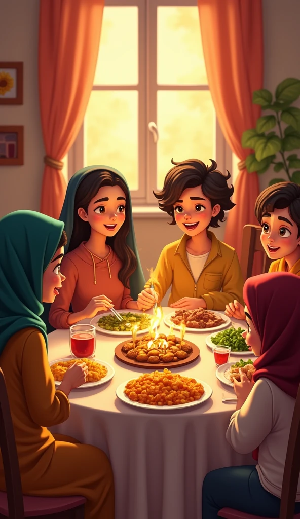 ((3 man sitting), (3 hijabbed woman)), caricaturized, fantasy art, happy expression, extreme detail, masterpiece, cinematic lighting, 4k, indoor background