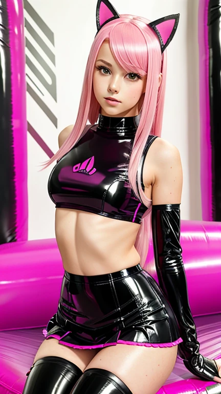  teenager with pink hair,  slim model , Latex top , pleated latex skirt, latex arm warmer  ,  knee-high latex boots, Cat ears, bouncy castle, realistic, kniend 