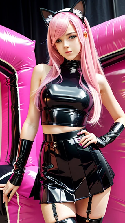  teenager with pink hair,  slim model , Latex top , pleated latex skirt, latex arm warmer  ,  knee-high latex boots, Cat ears, bouncy castle, realistic, kniend 