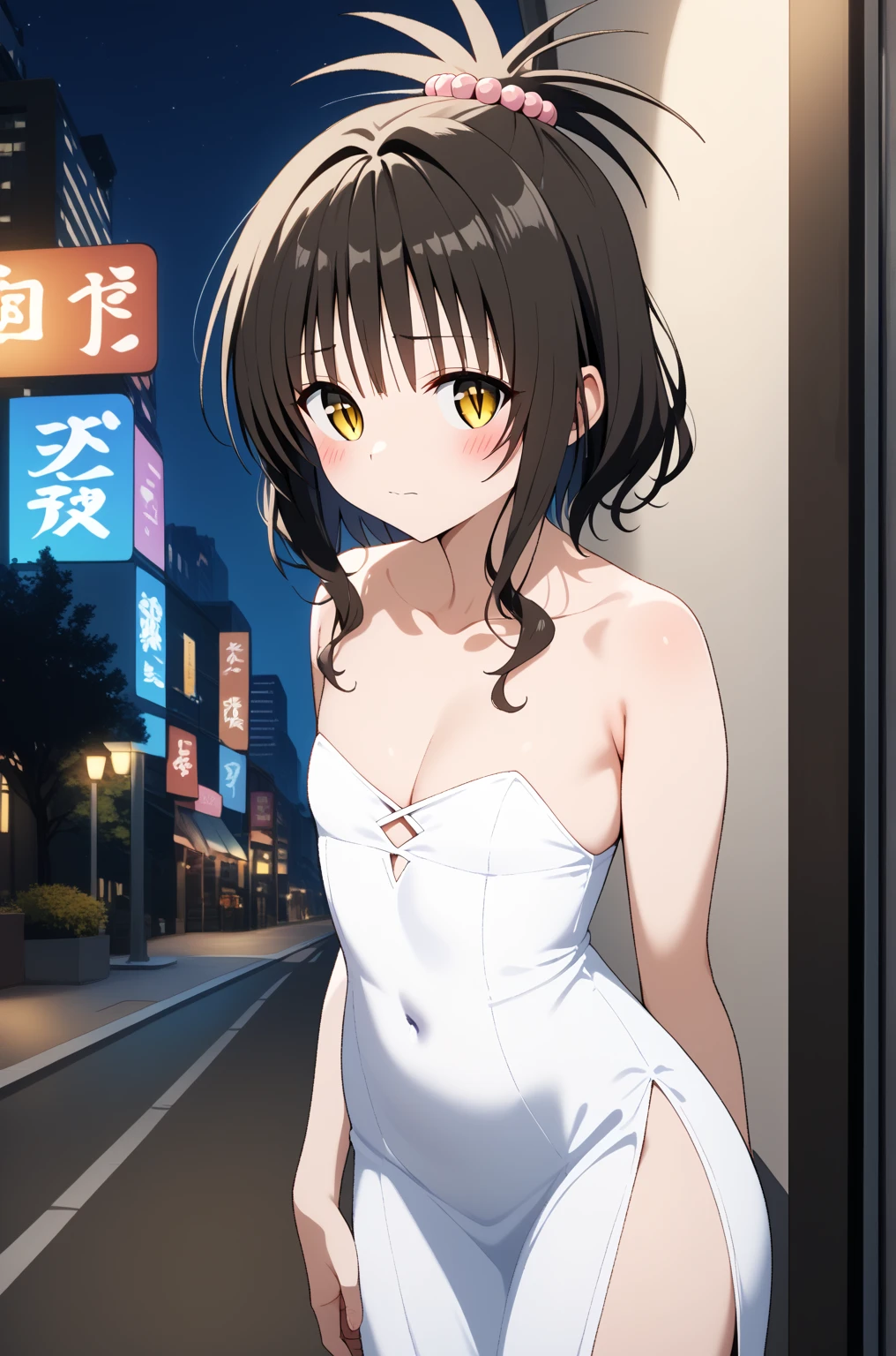 masterpiece,best quality,{{detailed beautiful face and eyes}}, 
Yuki Mikan,{{{megami magazine}}},middle hair,brown hair,hair ornament,hair bobbles,sidelocks,bangs,yellow eyes,flat chest,
((black evening dress,deep slit,flat chest,cleavage)),
1girl,(is embarrassing,big blush,closed mouth:1.0),
((standing,cowboy shot,looking at viewer:1.2)),
(night city:1.0),clothed