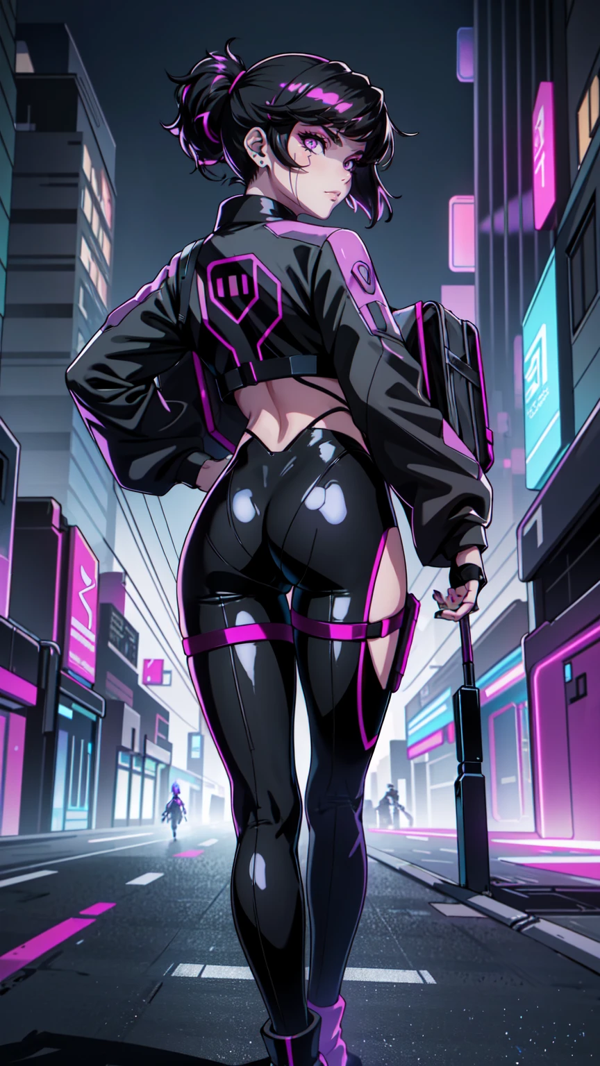 Create an illustration of Sasha from Cyberpunk: Edgerunners. She is a young netrunner with a slender and agile physique, reflecting her hacker lifestyle. Her hair is short, (black hair), messy, and brightly colored, often with neon highlights like electric blue or vibrant pink. Her eyes have a sharp, tech-enhanced glow, hinting at cybernetic implants. Sasha wears a sleek, tactical bodysuit designed for mobility and stealth, primarily in shades of black and dark gray, accented with neon lines that pulse softly with her netrunning activity. She also sports a high-tech visor or goggles over her eyes, loaded with digital HUD displays. Her gloves are fingerless, exposing cybernetic fingertips perfect for interfacing with technology. Completing her look are combat boots and a utility belt filled with small hacking tools and gadgets. The overall vibe is a mix of futuristic hacker aesthetic and street-smart edge, blending style and functionality. Walking, with pink shoes, backwards, looking back