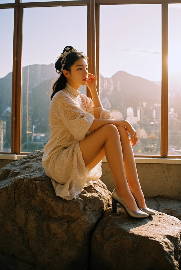 (background：floorroom，floor，Floor-to-ceiling windows)(whole body:1.5)，(1 Miao girl:1.3),(view viewer:1.4)，(anatomically correct:1.4),(Completely see-through pantyhose:1.3),(sit on the top of the mountain:1.2),(Wearing southwest ethnic minority costumes:1.2),,( pointed toe block heels :1.1),(Precise、perfect face shape:1.3),(spread legs，long legs:1.3),Wearing southwest ethnic minority hair accessories，spread, spread your legs，sawing camel toe，Ultra high quality,  Light , reflected Light， Correct structure, Award-winning, high detail, Lighten shadow contrast, facial Lighting ，Light, masterpiece, Super details, high quality, high detail, best quality, 16k，high contrast,