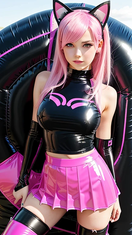  teenager with pink hair,  slim model , Latex top , pleated latex skirt, latex arm warmer  ,  knee-high latex boots, Cat ears, bouncy castle, realistic, kniend 