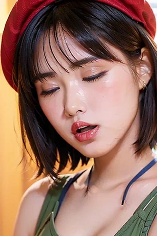 An attractive woman is being kissed on the lips by a sexy woman、 Lips Closed 、   close your eyes、 Red hair color  、  short bob、 Wear a beret  、 Sweaty skin、  please open your mouth slightly  、