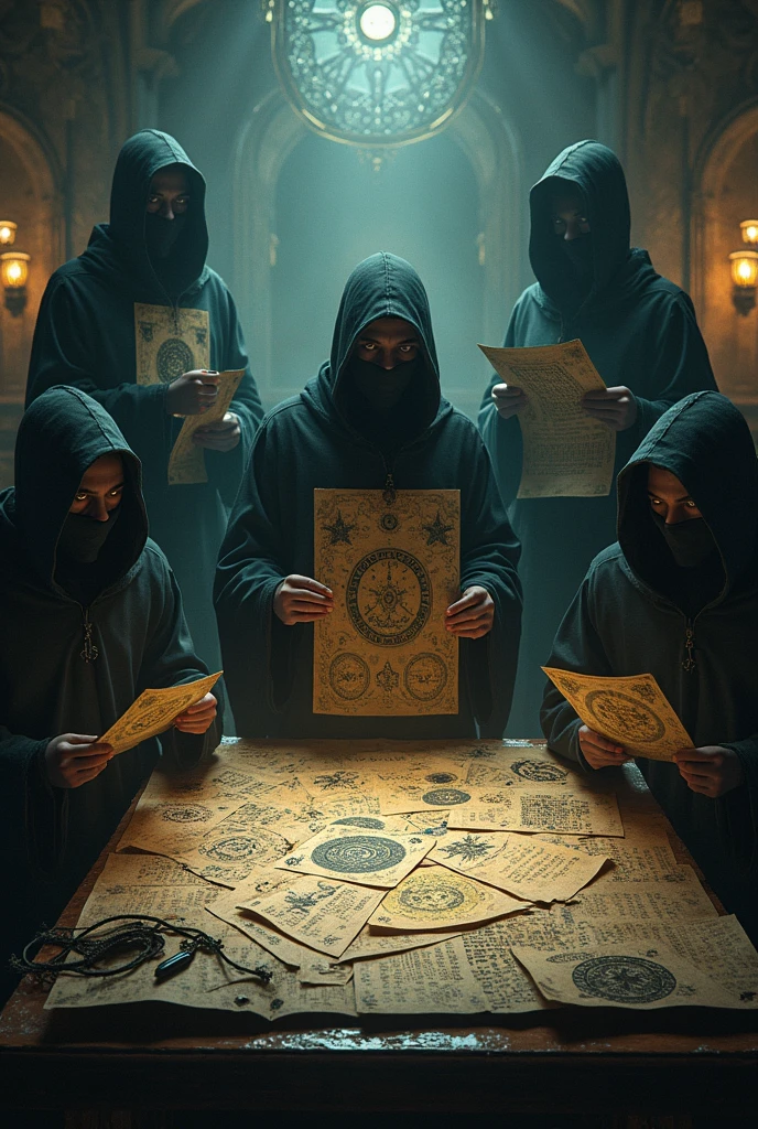 Close-up shot, Low angle shot, a candlelit room where five man sitting look at the viewer, their faces serious and determined, wearing culthu robe with hood and covered by dry moss, the table covered with maps and splaterd blood, books, land a glowing mysterious symbol. in the background representing the culthu fire. The contrast between the calculated plotting and creates a sense of tension and mystery, leaving the viewer questioning the true nature of the Illuminati.) unreal engine, cinematic, hyper-real, highly detailed, Ultra realistic HD --q 2 --v 6.1 --ar 9:16