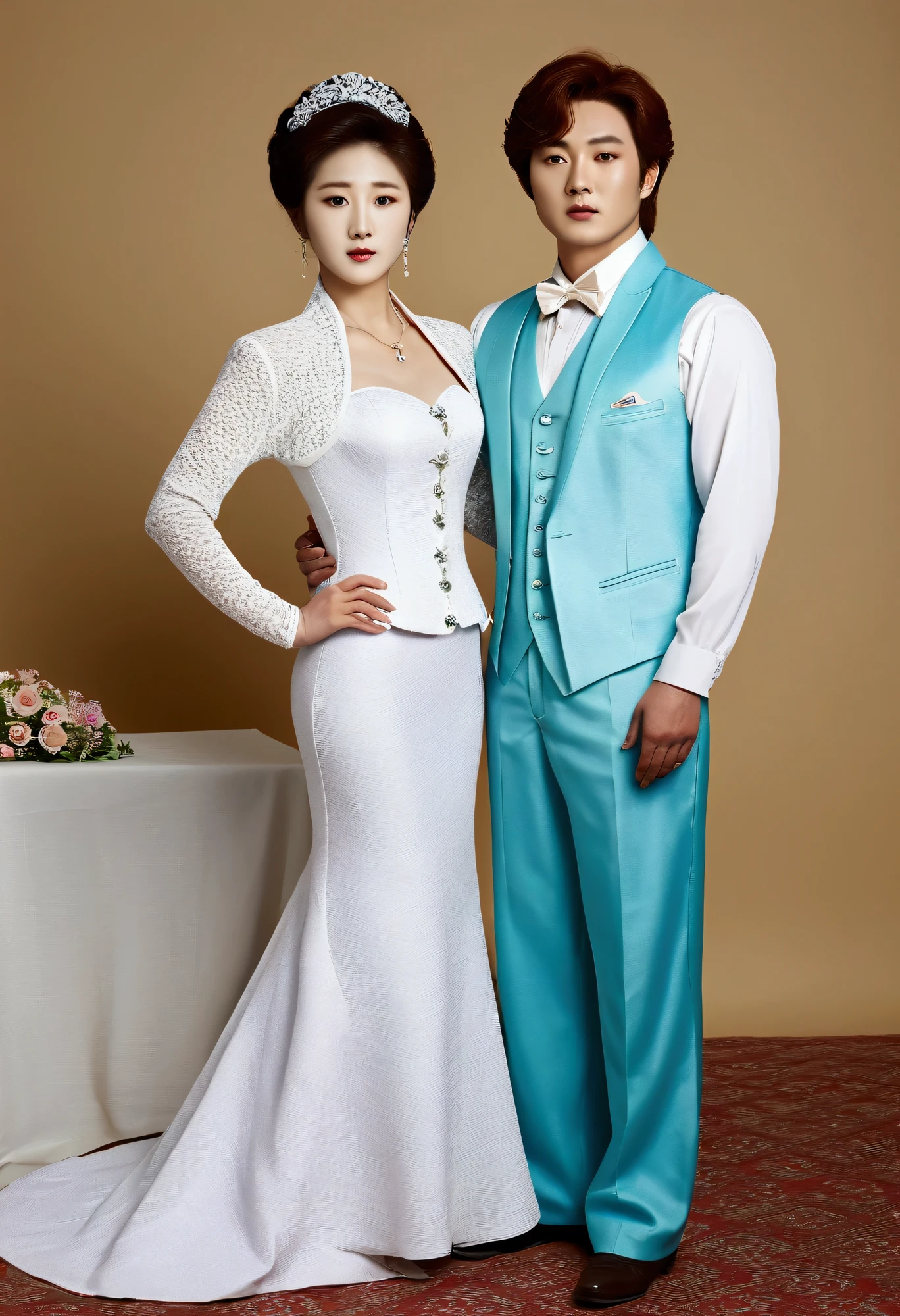 A Korean man had surgery to change his body from male to female, his body is completely female, he has big breasts like a woman, but his face is not changed and still looks like a man, His hair is still manly and short, he is wearing a mother's fancy dress costume, Mother of the Bride Dress Outfit, long sleeve bolero and dress set, bolero and dress coordination, vintage dress set, whitee, mermaid skirt, tweed, midshot