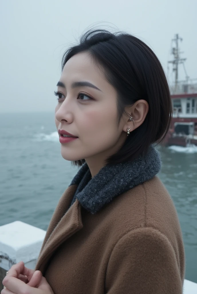 A Japanese woman, 42 years old, exuding upper-class sophistication and youthful elegance. She stands at a winter harbor, gazing out over the distant sea with a somber and anxious expression, reflecting her deep worry about whether her husband will return safely. Her hair is sleek and dark, styled gracefully to complement her refined features. Her face is marked by soft, natural lines and radiant skin. She wears a sophisticated winter coat and scarf, with her hands gently folded in front of her. The scene captures the icy waves and overcast sky, emphasizing the cold and isolation of the moment. Designed as a movie poster, this image highlights her emotional depth and timeless beauty.