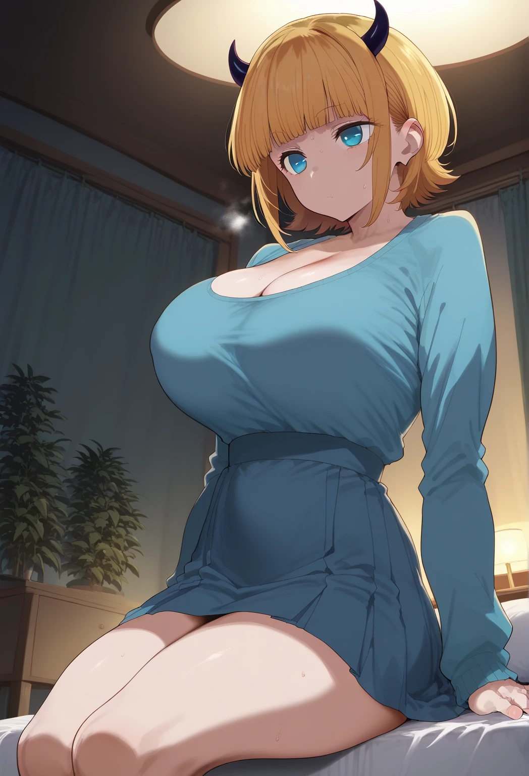  Surrender,   MEMcho, blonde hair, blue eyes, blunt bangs, demon horns, fake horns, horns, short hair,   perfect face,   perfect lighting, expressionless  , Thighs ,large breasts, 太いThighs、sweat,、 long sleeve maxi dress、 long length skirt、 cleavage 、Boob Tent、  dark bedroom 、、